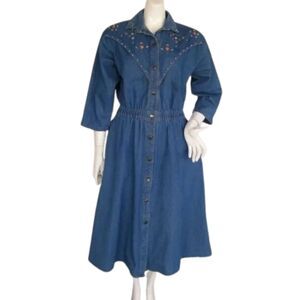 80s Denim Dress, M, Western, Cowgirl, Studs, Faux Coral/Turquoise, Blue, Flaws